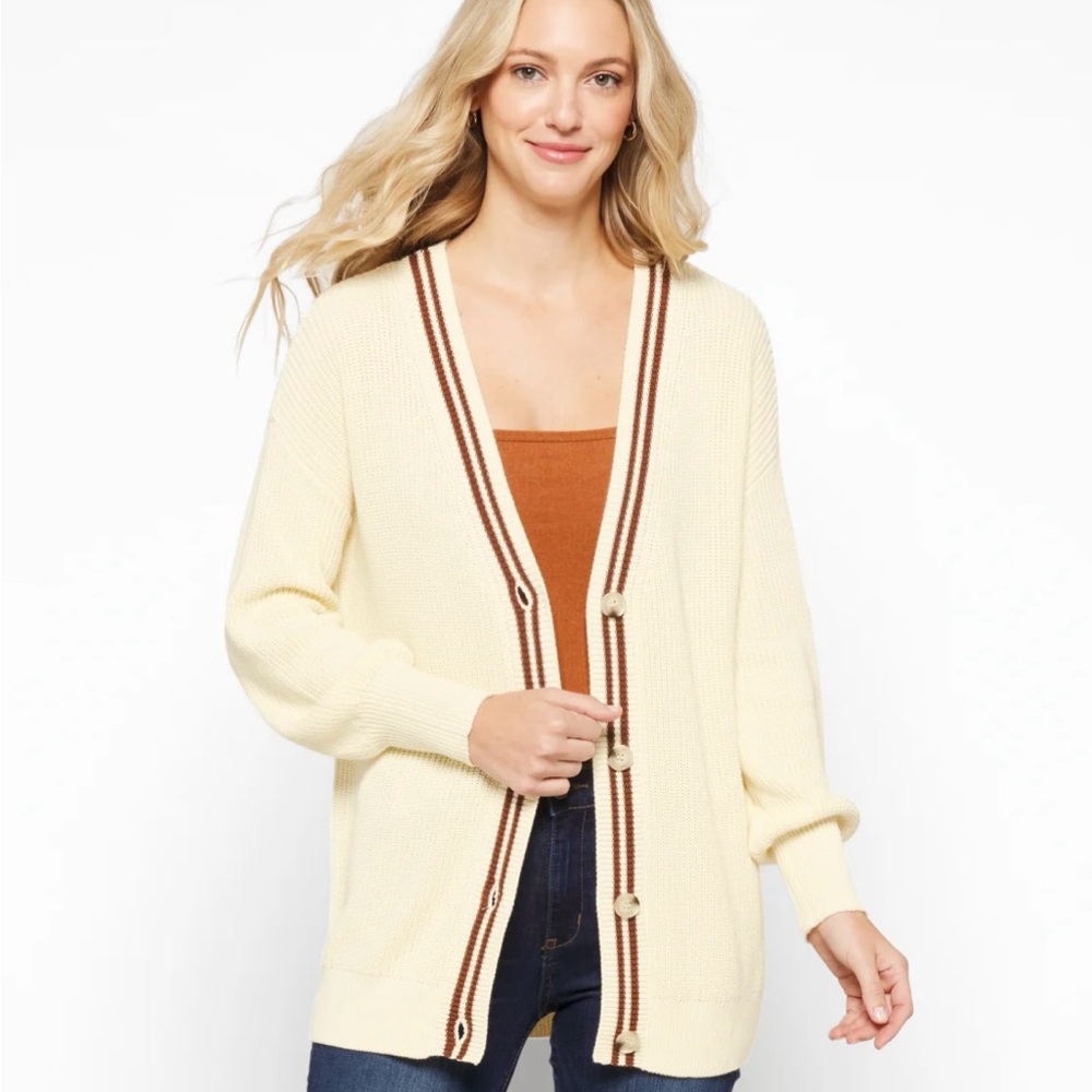 Cream and Brown Cardigan with Striped Trim
